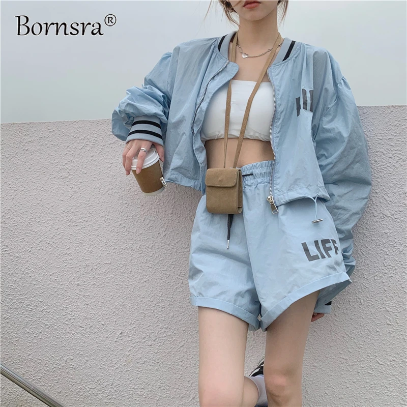 

Bornsra 2021 летняя Складная бейсбольная короткая Солнцезащитная куртка с надписью + спортивные шорты женская спортивная куртка на молнии с круг...