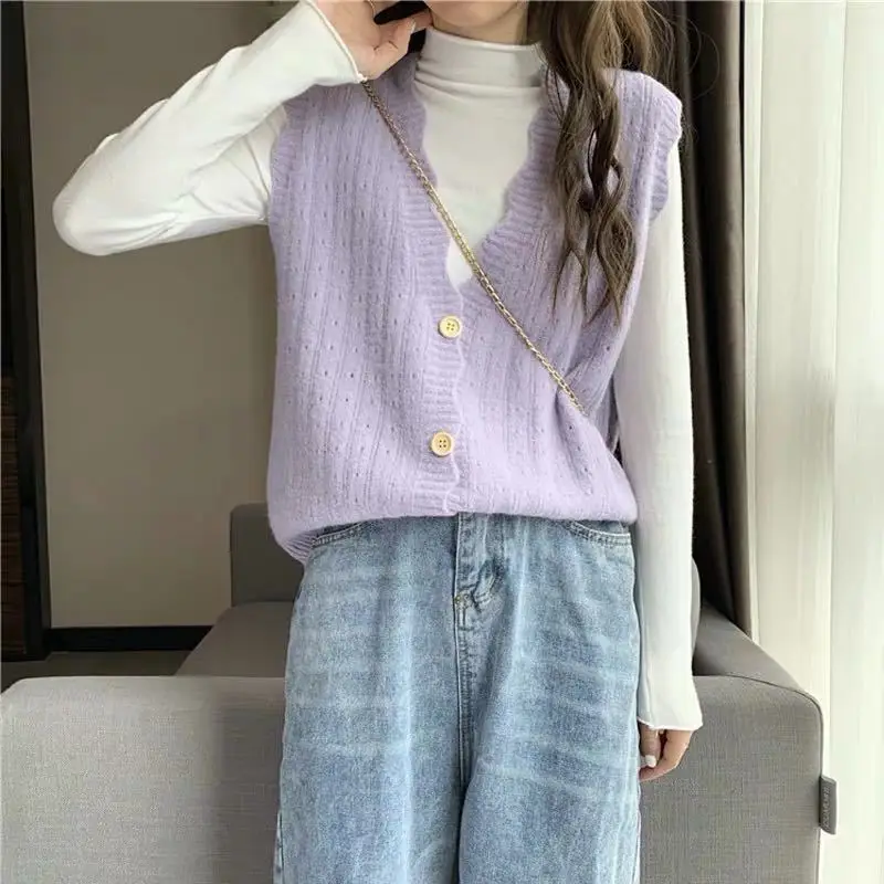 

2020 Women's Thin V-neck Solid Color Knit Sweater Vest Autumn Casual Sleeveless Pullover Loose Lace Sweater Korean Fashion
