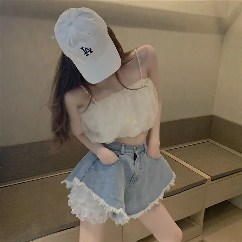

Lace denim shorts women's 2021 new summer high waist loose thin pants wide leg pants summer hot pants fashion