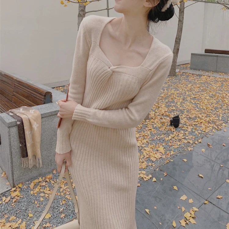

Solid Apricot Black Jumper Dresses Sweater Dress Women 2021 Winter Clothes Casual Korean Woman Thick New Warm Knitted Pollover