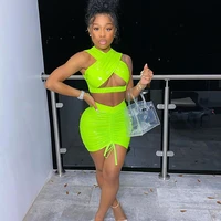 solid criss cross sexy stretchy pu two piece set women party clubwear crop topdrawstring stacked bodycon skirts outfits hot2021