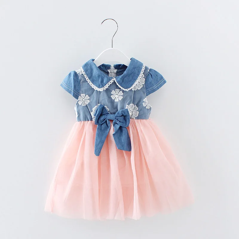 

Casual Denim Patchwork Dresses Girls Baby Bow Summer Short Sleeve Pink White Ball Gown Girl Kids Dresses
