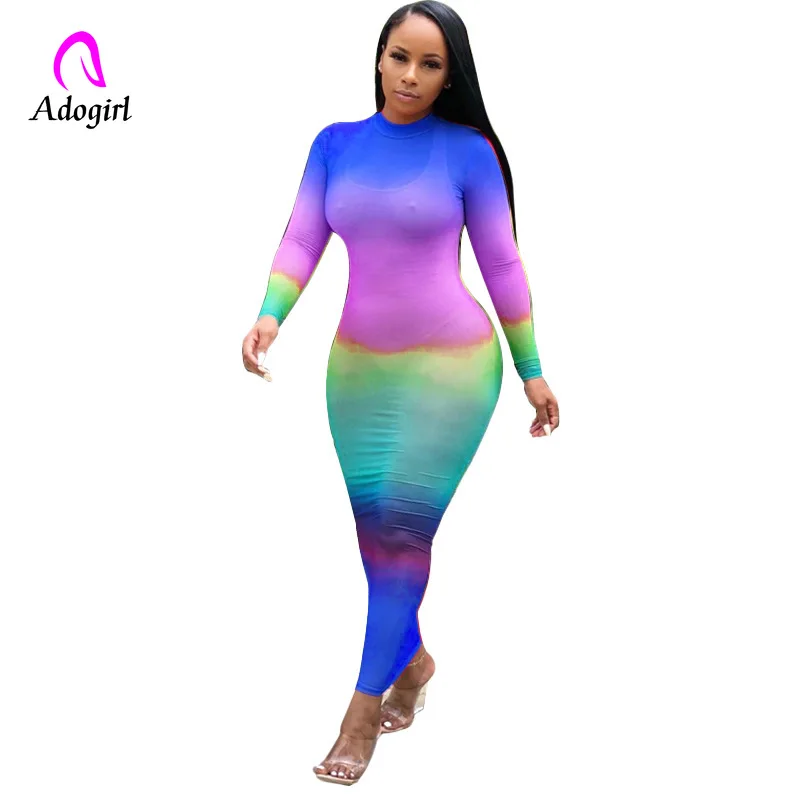 Платье Макси женское Сетчатое с длинным рукавом и высоким воротником|Женские