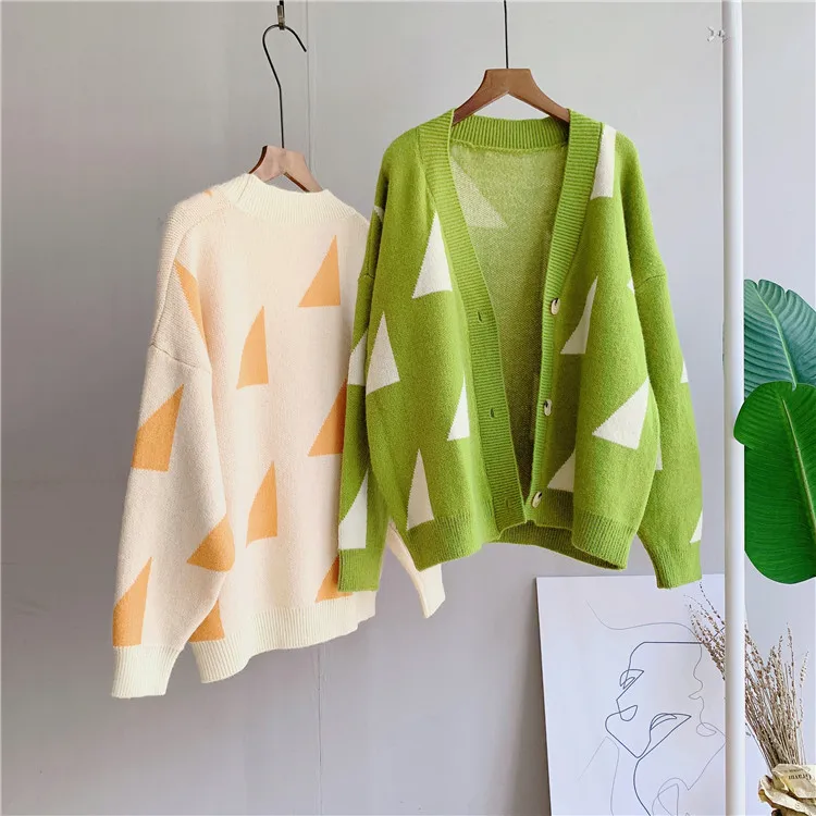 

Осень 2021, кардиган, однобортный свитер с геометрическим рисунком, пальто, женская Корейская версия свободного кроя, универсальный студенче...