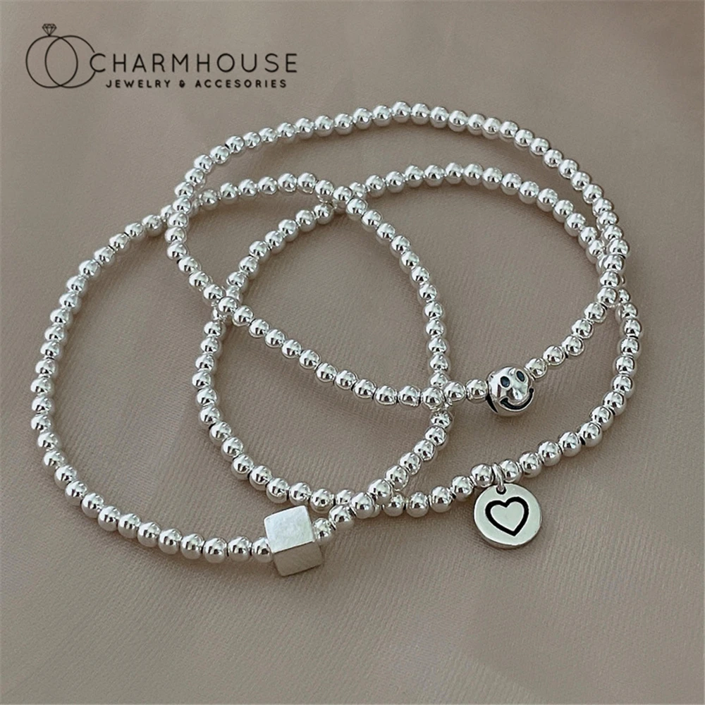 

Pure Silver Charm Bracelets Set For Women 4mm Buddha Beaded Chain Bracelet & Bangles Pulseira Femme 2021 New Fashion Jewelry Set