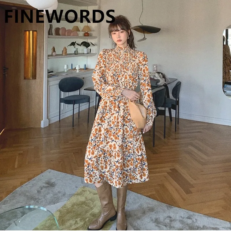 

Весна 2021, винтажное платье с цветочным принтом FINEWORDS, корейское элегантное платье миди с цветочным принтом, Платье До Колена с длинным рукав...