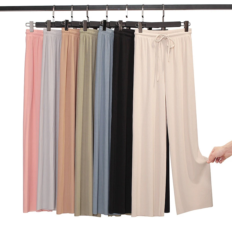 

2023 Top Women's Ice Silk Wide-legged Pants Summer High Waist Feeling Girls Nine Points Straight Skirt Thin Long Trousers Colors