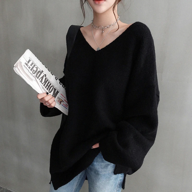 

FTLZZ New Women V-neck Sweater Loose Fit Autumn Winter Warm Casual Knitted Tops Female Long Solid Color Knit Pullovers