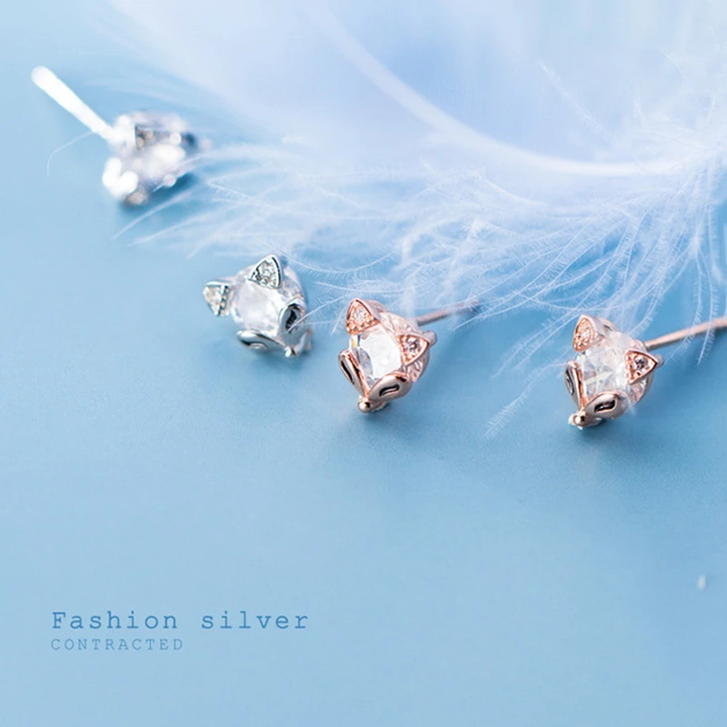 

925 Sterling Silver Cute Animal Fox Earrings Jewelry CZ Stud Earrings For Women Girl Fine Silver Jewelry G3070