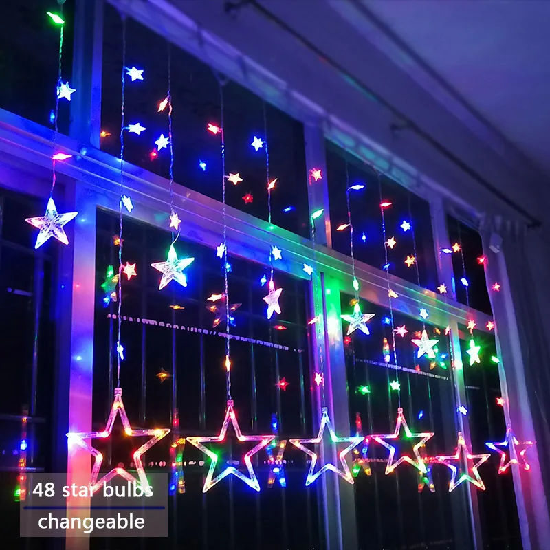 Multicolor 48star Гирлянда светодиодная AC110V или 220 V сказочные огни Звездные занавески гирлянды украшения рождественские Свадебные огни 3 м - Испускаемый цвет: Multicolor 48star
