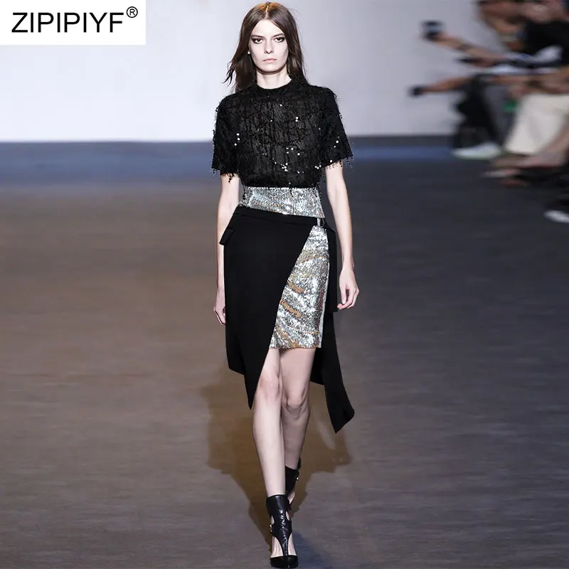 

2021 Summer Runway Fashion Unique Design O Neck Sleeve See Through Sequined Beading Top High Waist Asymmetric Skirts Z411