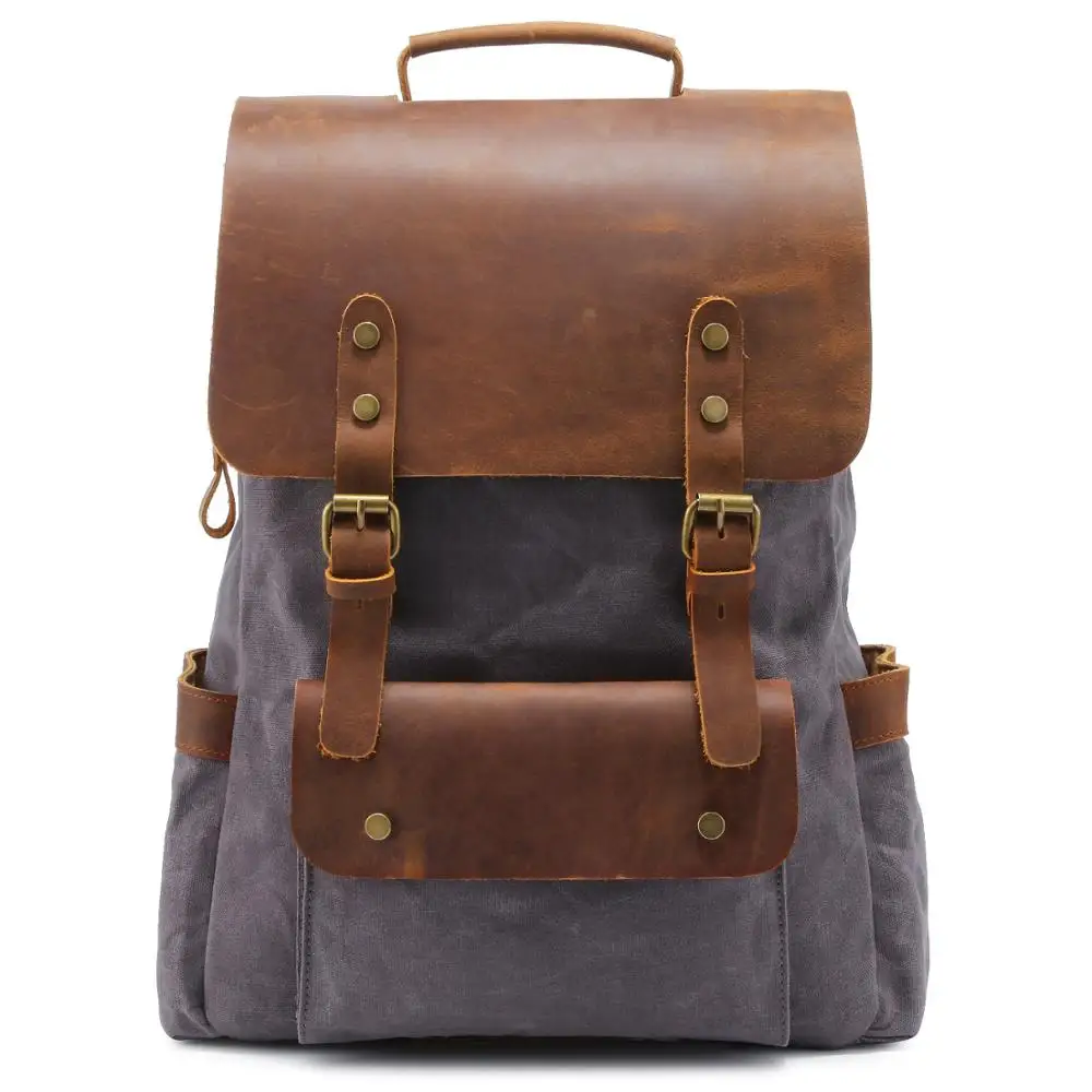 

New Hot Oil Wax Canvas Cow Leather Backpacks Unisex Waterproof Rucksacks 15" Laptops Daypacks Large Capacity Vintage school bags