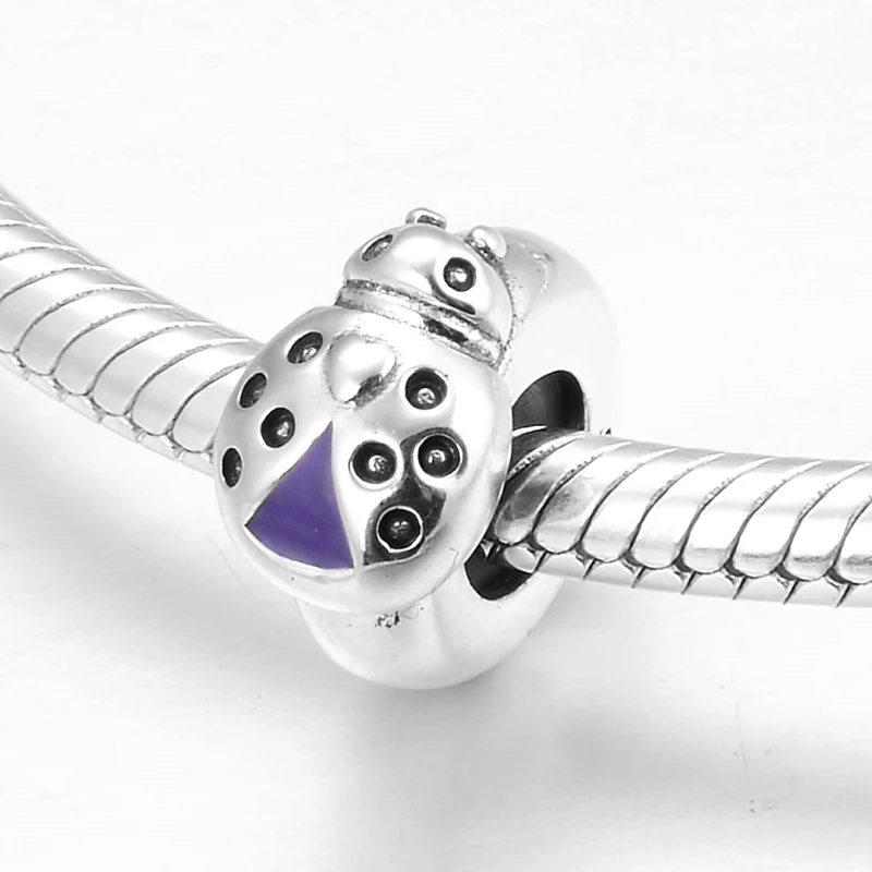 925 Sterling Silver Purple Sparkling ladybug Stopper Spacer Beads Metal for jewelry making Fit Original European Charm Bracelet | Украшения