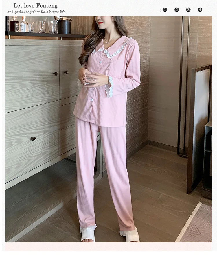 Women's Pajamas Sets Cotton Long Sleeve Autumn Thin Princess Style Fashion Sweet Casual Solid Color Household Clothes Sleep Tops