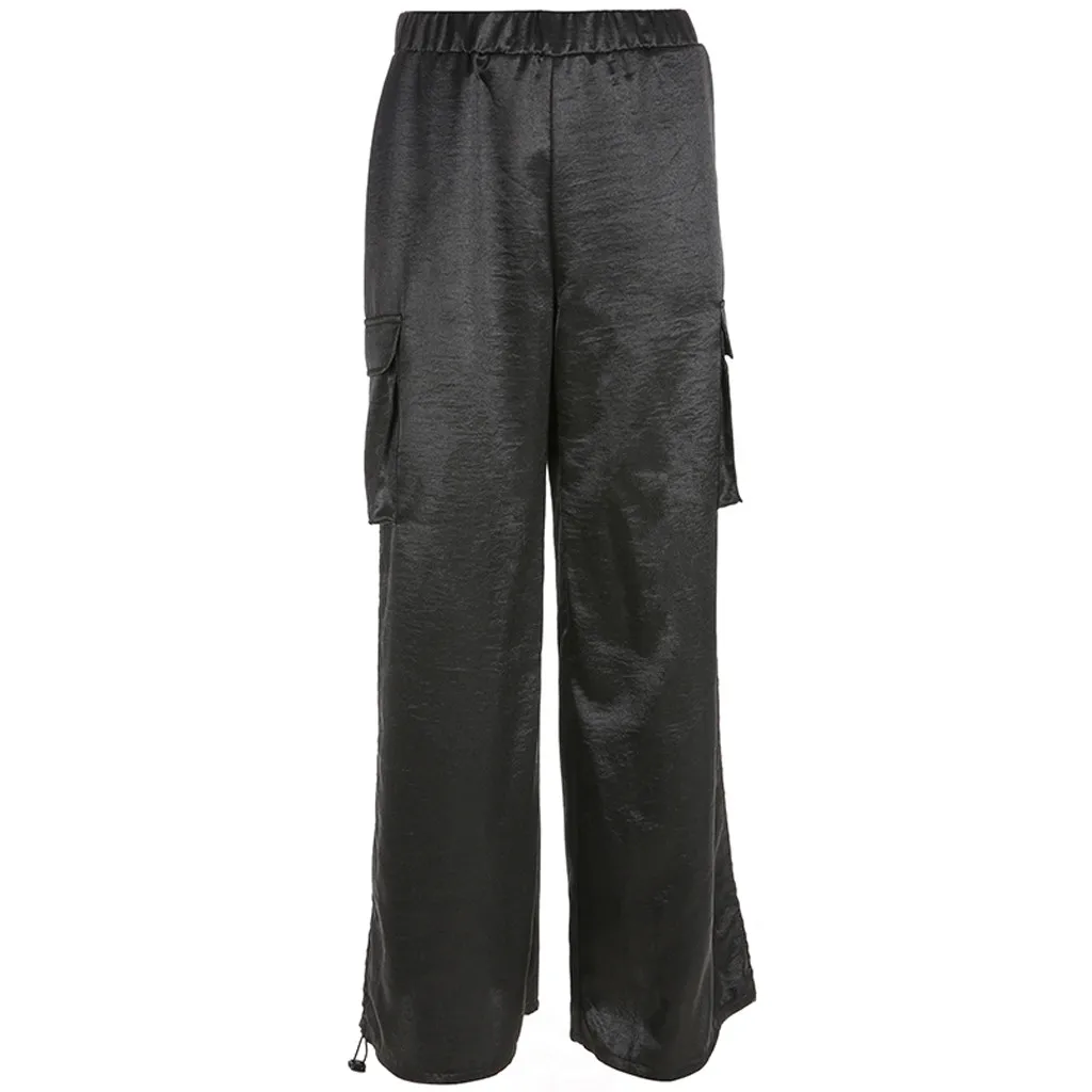 Women Pants Baggy Wide Leg Solid Gothic Punkt Casual Loose Elastic Trousers Pockets Full pantalones de mujer |