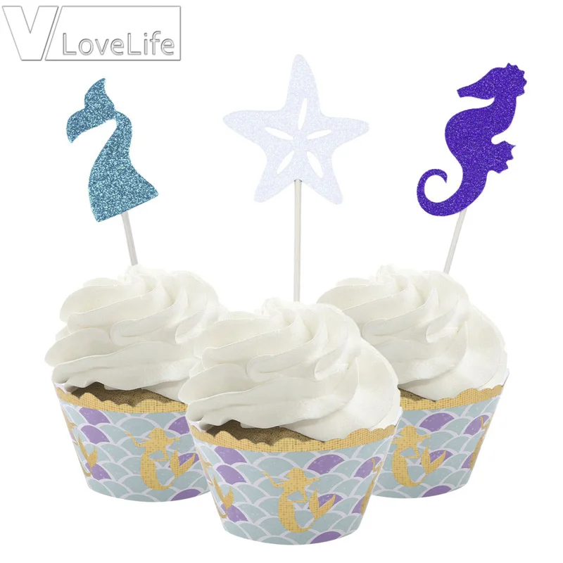 

24Pcs Cup Cake Toppers Birthday Shower Party Cute Mermaid/Starfish Golden Glitter Series Wedding Decorative Toppers Baby Party