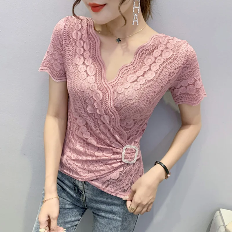 

NEW 2021 Summer Short Sleeve Lace Tops Sexy V-Neck Hollow Out Women Diamond T-Shirt Plus Size Female Blusas Clothes
