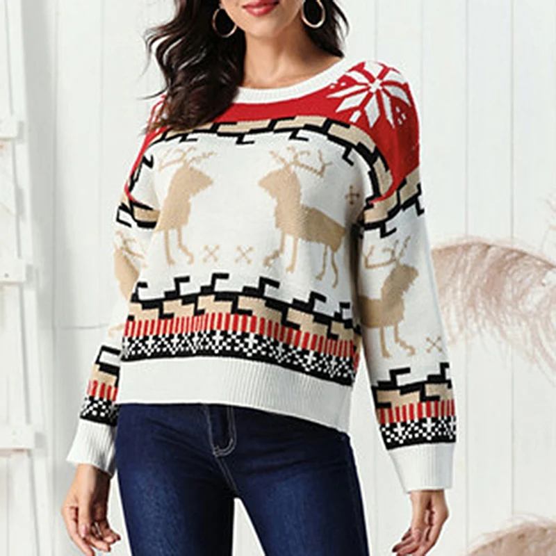 

Vintage Merry Christmas Sweaters Women Long Sleeve Autumn Winter Deer Print Knitted Pullover Top Jumper White