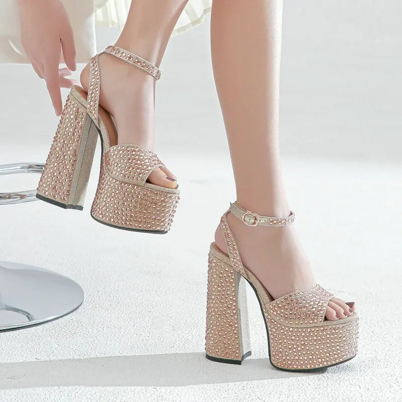 

Shiny Crystal High Heel Platform Shoes Women Fashion Pink Sliver Wedding Dress Thick Heel Sandals Woman Summer Open Toe Shoes