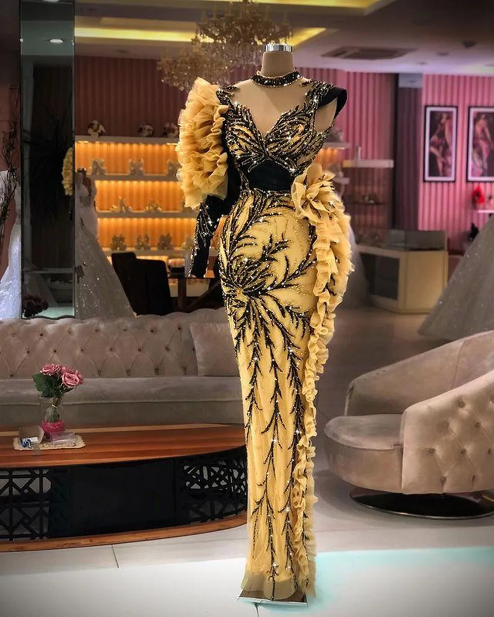 

One Shoulder Ruffles Mermaid Prom Dresses Beaded High Neck Long Sleeve Evening Gowns Party Dress Special Occassion robe de soire