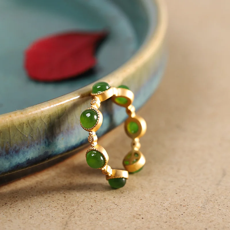 

New S925 Silver Gold Plated Jasper Women Ring Luxury Trendy Natural Green Jade Open Rings Fine Jewelry For Gift