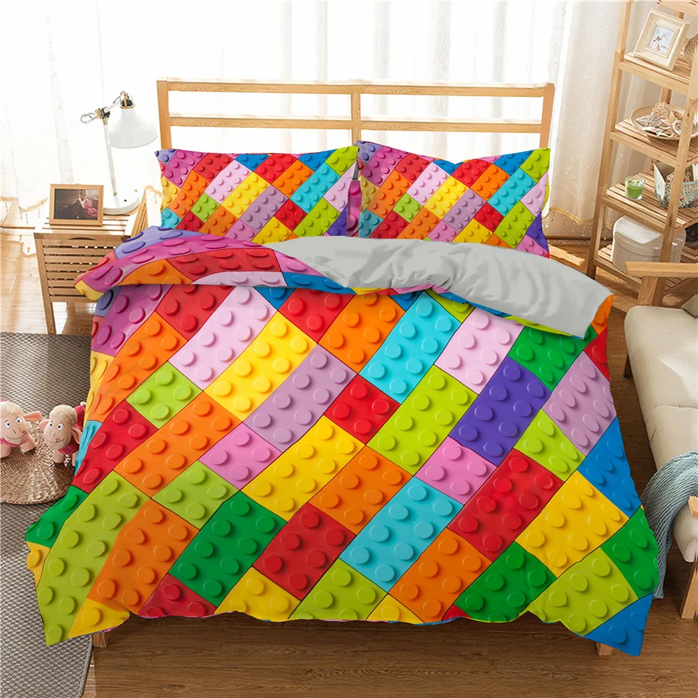 

BoNiu Toy Print Bedding Set Dot 3D Building Blocks Comforter Cover Kids Bed Cover Colorful Bricks bedding Set King Size