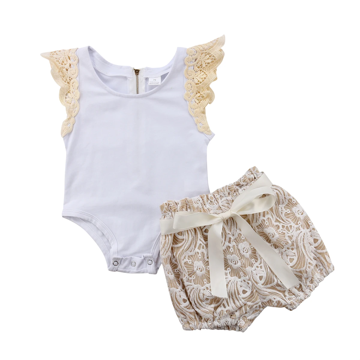

AA Lovely Newborn Baby Girls Clothing Sleeveless Bodysuit Zipper Tops Lace Shorts Outfits Holiday Girls Clothing Set