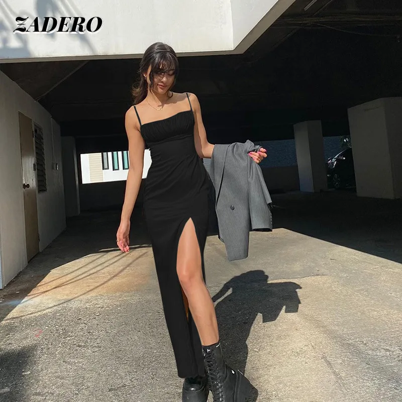

Dress for Women 2021 Black Pleated High Split Lace-up Halter Sling Solid Dress Sleeveless Backless Casual Party Clubwear Summer
