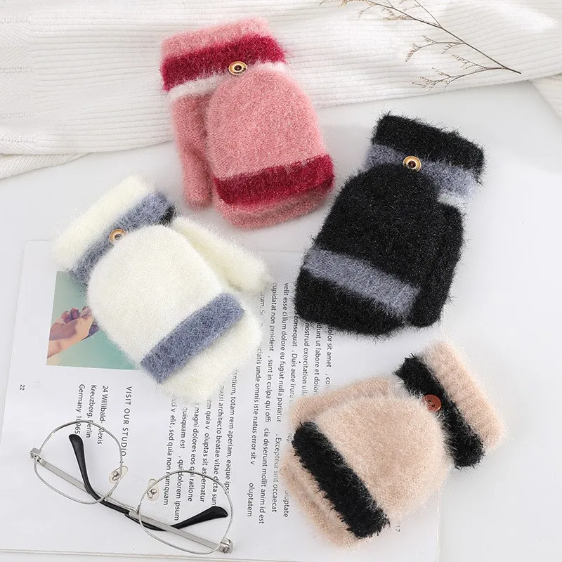 

Imitation Mink Gloves Autumn Winter Unisex Adult Fashion Plush Soft Warm Mittens Touchscreen Flap Cover Women Men Fingerless