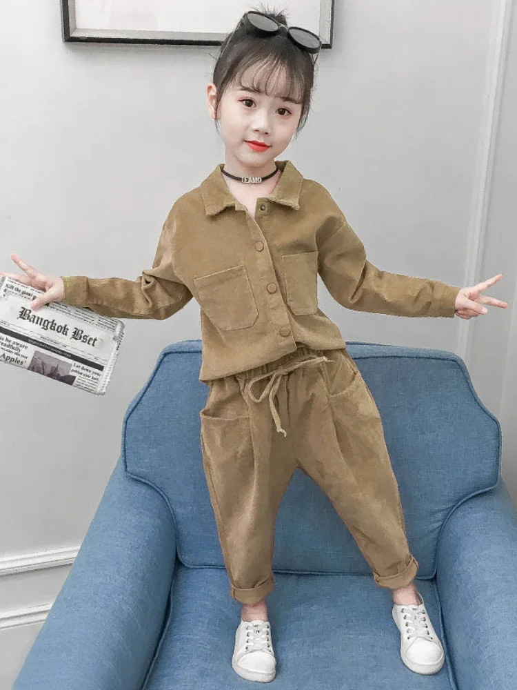Новая одежда для девочек весенние комплекты рубашки с длинными рукавами + штаны