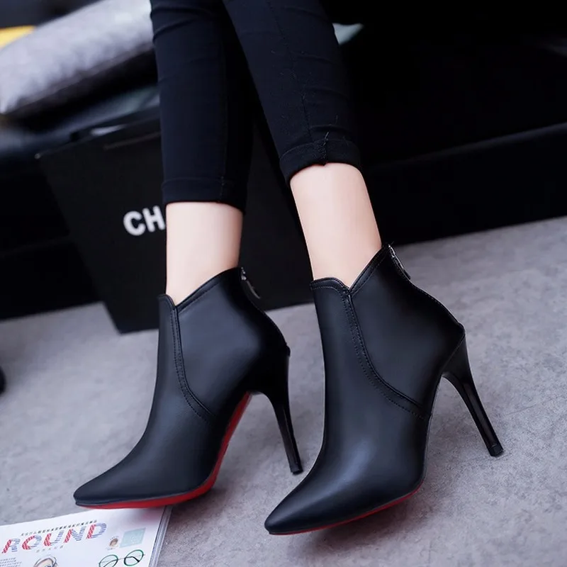 

Women's boots 2019 Winter Autumn Spring Pointed Toe Cut Woman Booties Thin High Heels Shoes Women Boots big Size 40 S8-16