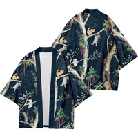 men and women japanese kimono traditional art cat printed casual loose thin coat asian kimono cardigan