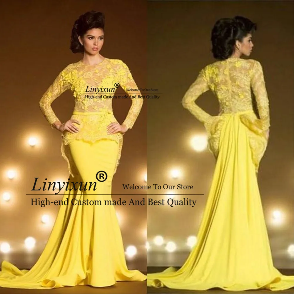 

Sexy Lace Formal Evening Dresses With Long Sleeves Mermaid Appliqued Sheer Jewel Neck Court Train Peplum Yellow Prom Dress