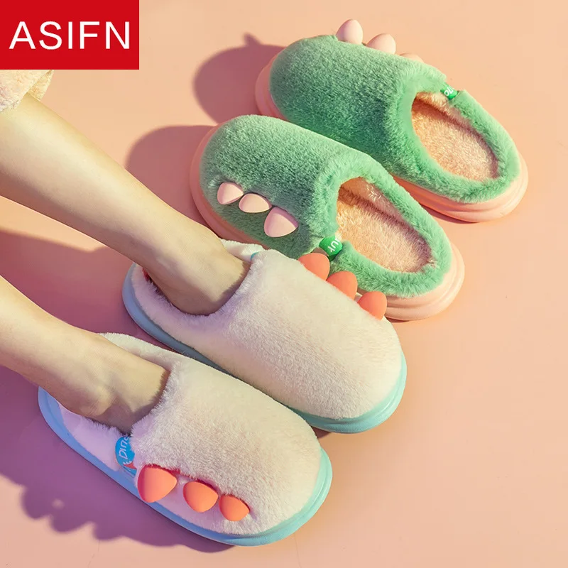 

Тапки ASIFN зимние для мужчин и женщин, мультяшный динозавр, толстая подошва, для пары, для девочек и мальчиков, обувь для ванной комнаты
