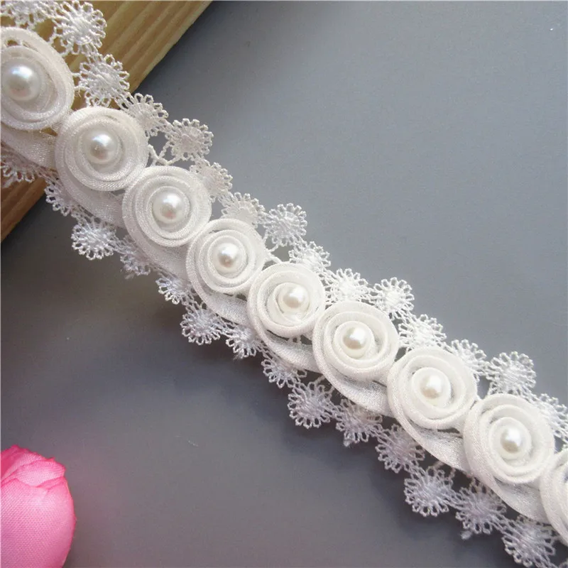1 ярд белый двойной жемчуг розы цветы вышитые кружева отделка Лента для