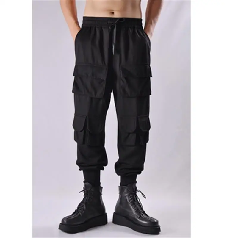 Men's Casual Pants Spring And Autumn Solid Color Stretch Waist Function Multi-Pocket Overalls Loose Motorcycle Pants