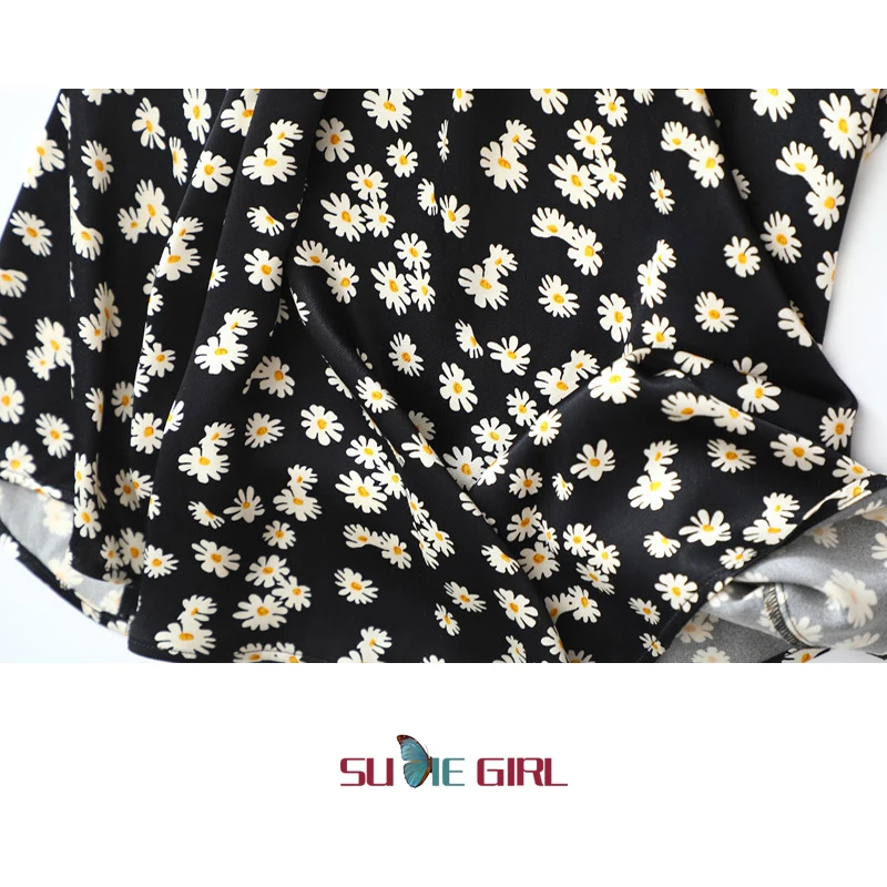 

SUDIE Girl French retro style small daisy all-match skirt like water silky long skirt summer sexy short skirt