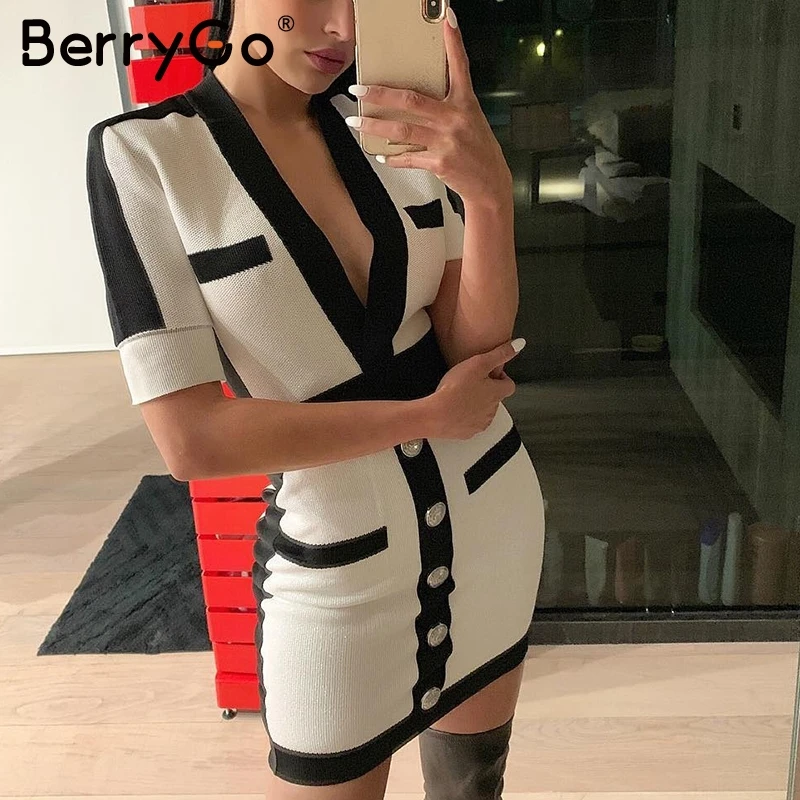 BerryGo Sexy v-neck women knitted dress Vintage winter lady club streetwear mini dress Party style autumn bodycon sweater dress