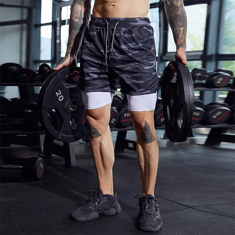 

2022 Camo Mens Running Shorts Casual 2 In 1 Double-deck Gym Sport Fitness Jogger Workout Shorts Male Sports Short Pants Slim Fit