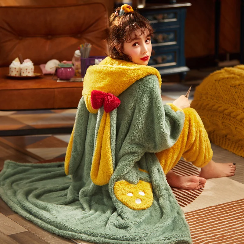 Plus Size XXL Winter Pyjamas Intensification Nighty Women Sleepwear Loose Version Medium Style Hooded Pajamas Plush Pajama set