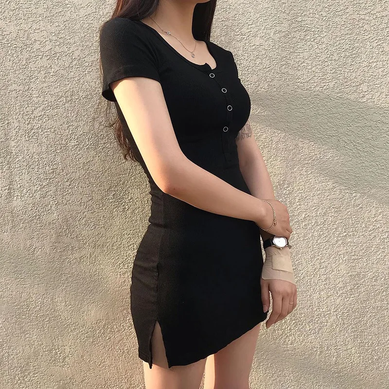 

New summer stretch black dress for women short sleeve tight miniskirt fashion sexy buttock slim dress street wear
