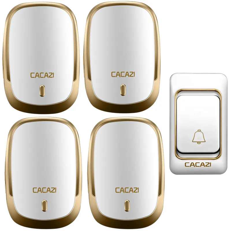 1 button 4 receiver Беспроводной дверной звонок CACAZI, водонепроницаемый, длинный диапазон, кнопка постоянного тока, на батарейках, 200 м, дистанционный звонок, звонок, кольца, 6 громкости, дверь, 36 колокольчиков - Цвет: 1 button 4 receiver