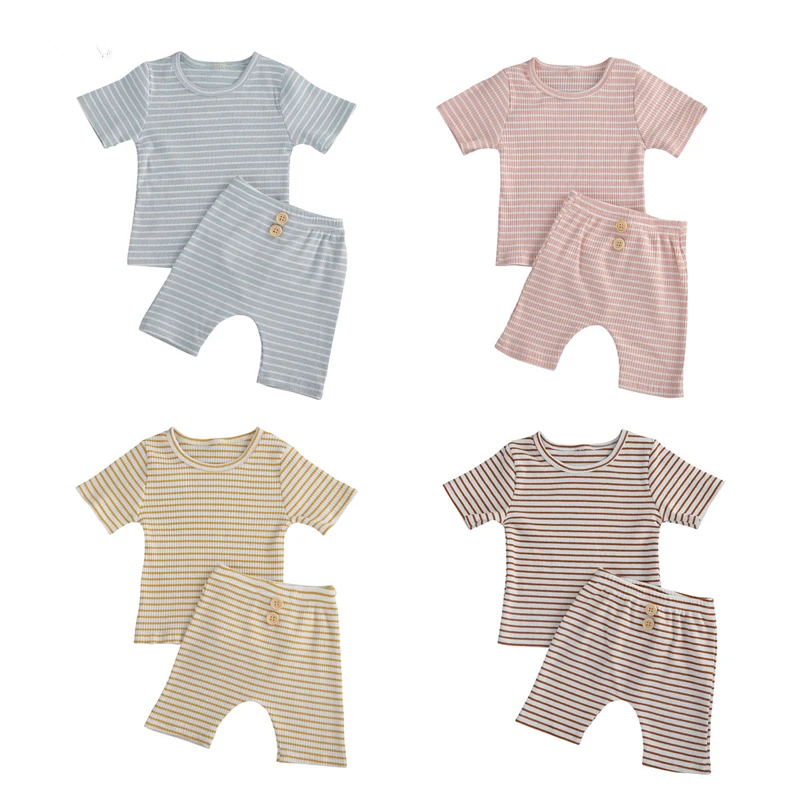 

Pudcoco 2 Piece Baby Top Pants Suit Short Regular Sleeve Striped Printed Round Neck T-shirt Button Decorated Trousers Sets