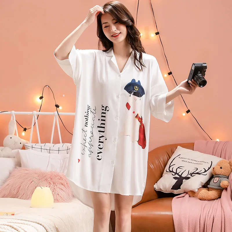 

Cardigan Shirt Nightdress For Female Seven-point Sleeve Satin Nightgowns Femme Size Night Shirt Home Sleepwear