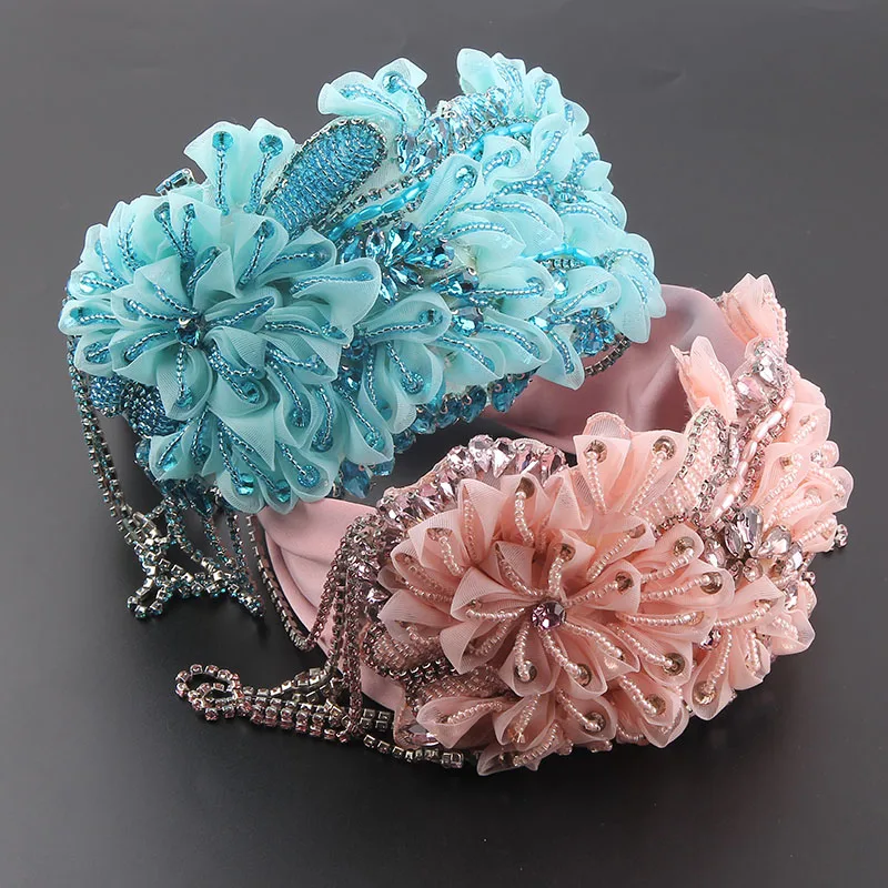 

New Fashion Gorgeous Crystal Fabric Flower Rhinestone Tassel Exaggerated Hair Hoop Ladies Prom Bride Hair Accessories 863