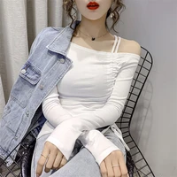 autumn winter long sleeve t shirt new white slim fitting bottoming sexy t shirt women tshirt one line collar off shoulder vogue