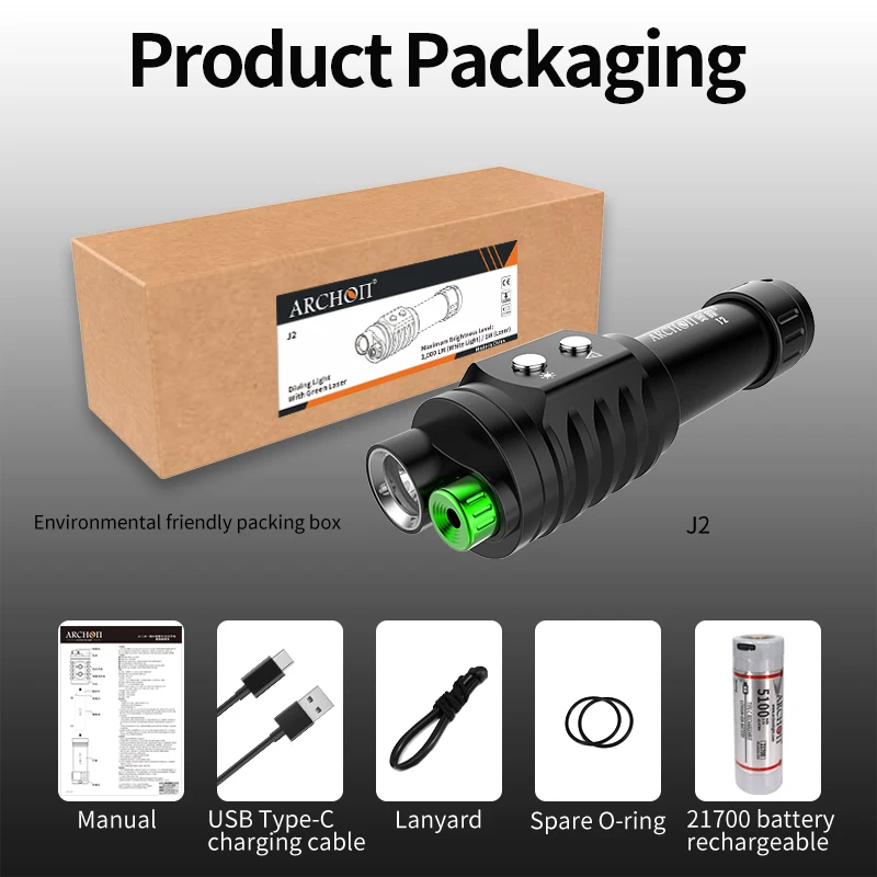 

J2 фонарик для дайвинга с зеленым лучом, 1000 люмен, 6500 К, белое освещение, команда тренировок по дайвингу, зеленый луч света, подводный фонарь для дайвинга 100 м