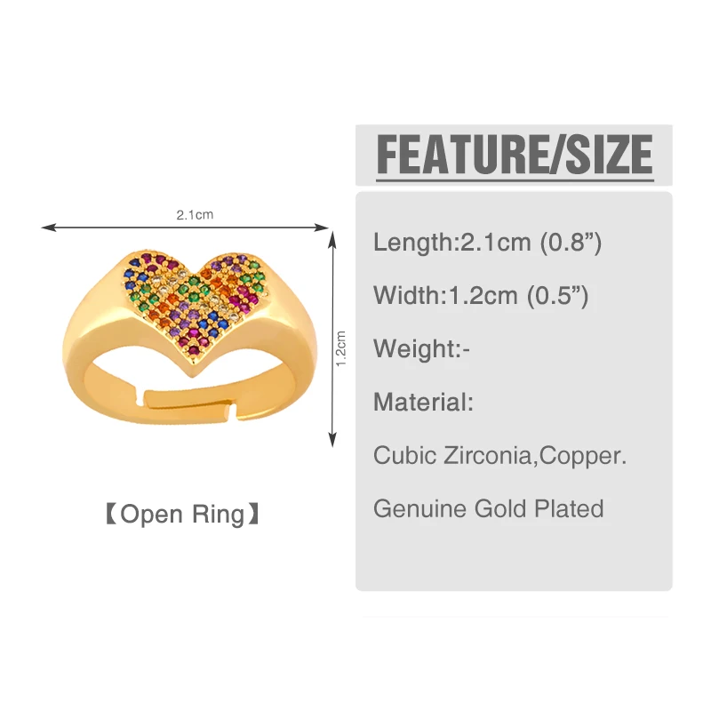 Золотые кольца в форме сердца для женщин регулируемые с открытым носком радужные