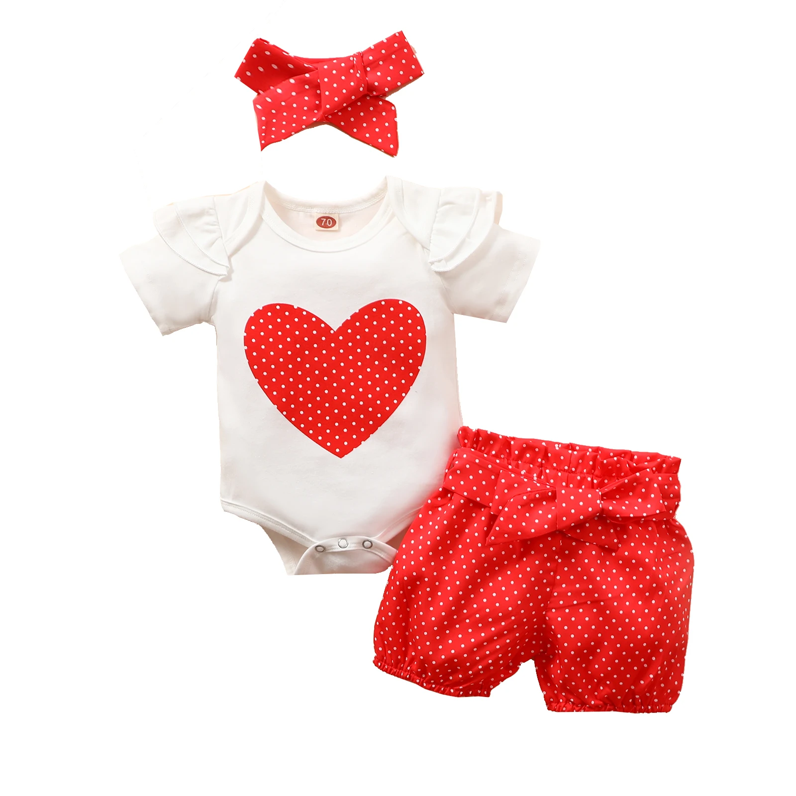 

0-24M Baby Girls 3-piece Cute Outfit Set Heart Printed , Short Sleeve Triangle Crotch Tops with Wave Point Shorts Bow Headband