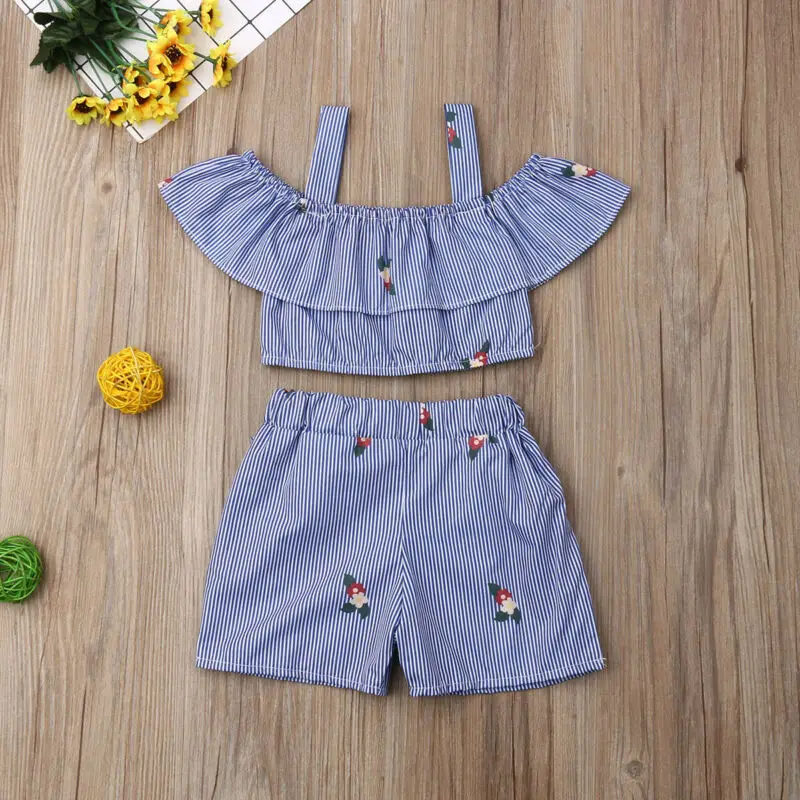2019 Дети детская одежда для малышки летнее синее платье в полоску с открытыми